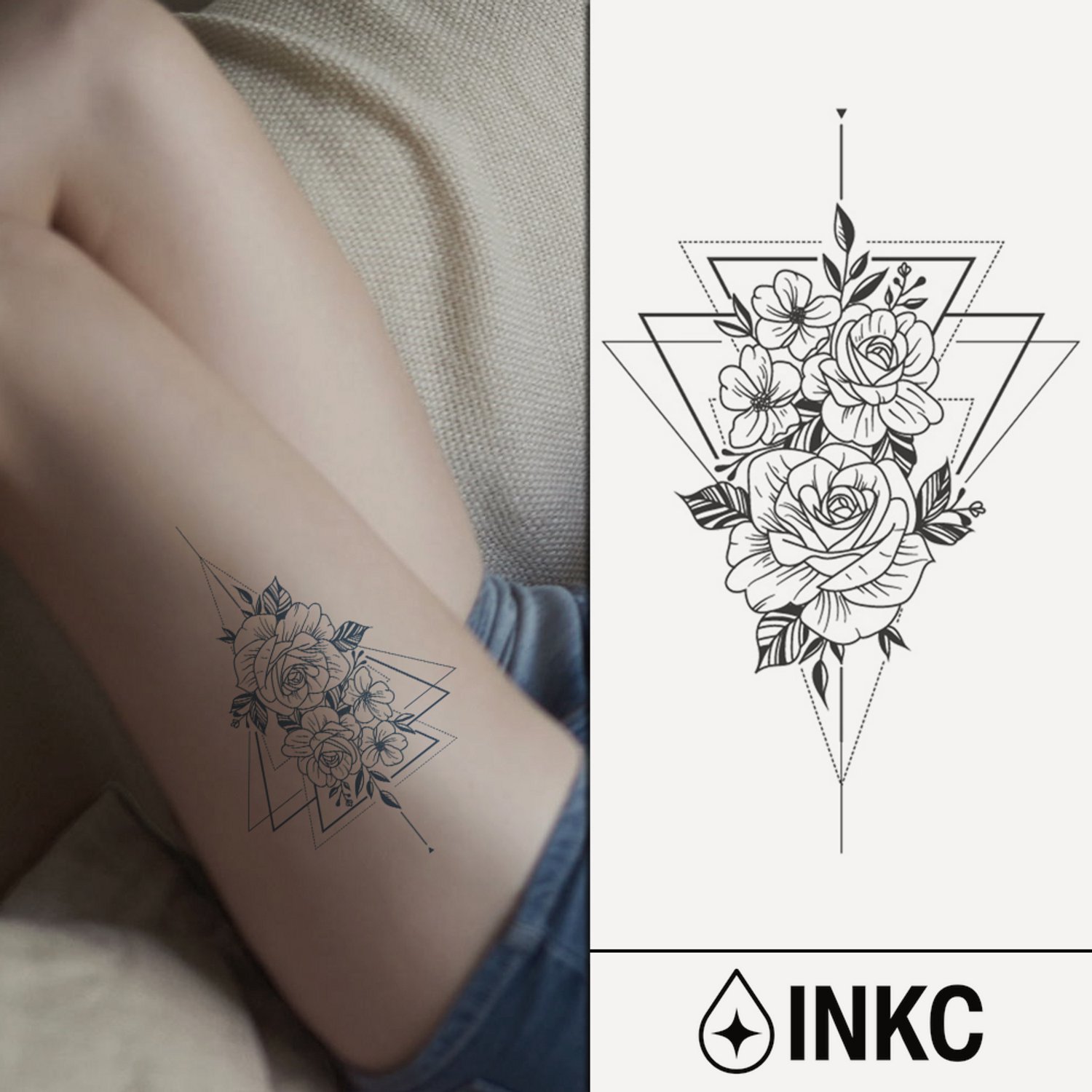 INKC - Tijdelijke Tattoo - Bloemen Driehoek - Nep Tattoo - Plak Tattoos - Blijft tot 2 weken - 11 x 18cm