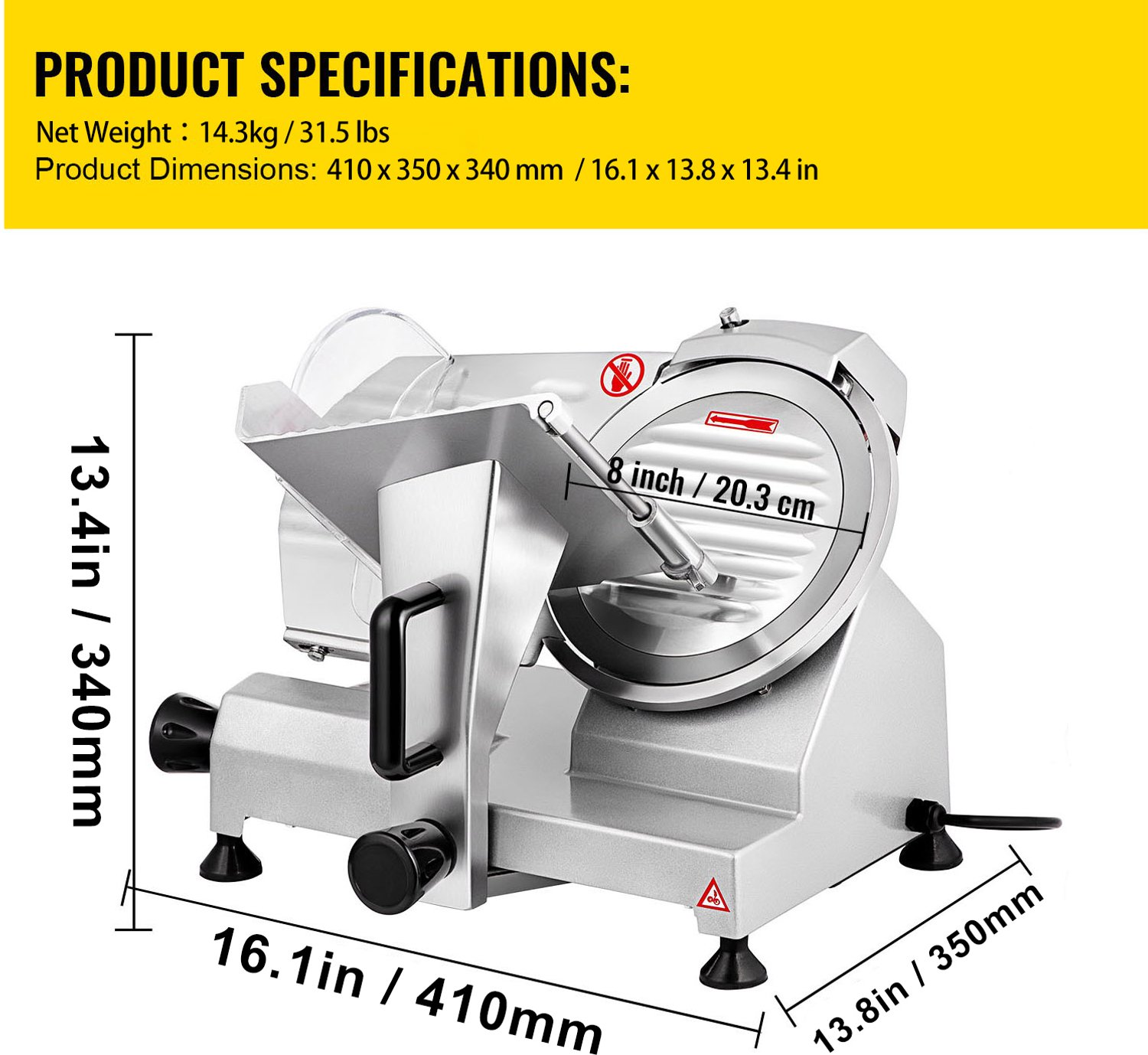 Vleessnijmachine 8 Inch - Koolstalen Mes - Elektrisch - Verstelbare Snijdikte - Commercieel Huishoudelijk - Delicatessen Snijder