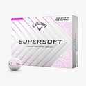 Doos met 12 Callaway SUPERSOFT roze golfballen. Wit met roze spetters en strepen.