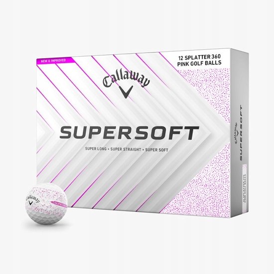 Doos met 12 Callaway SUPERSOFT roze golfballen. Wit met roze spetters en strepen.