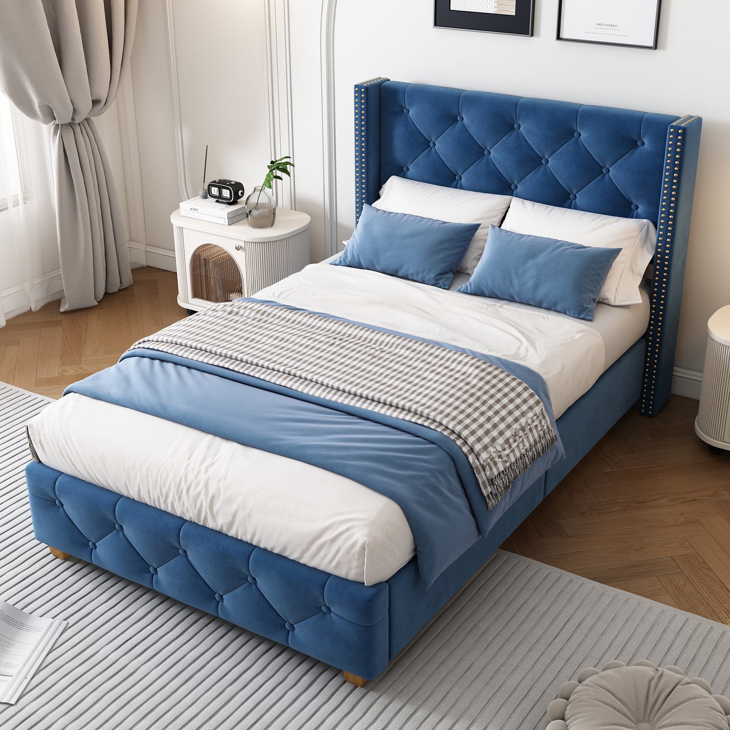 Gestoffeerd eenpersoonsbed 90x200 cm - Lattenbodem - Fluweel - Blauw