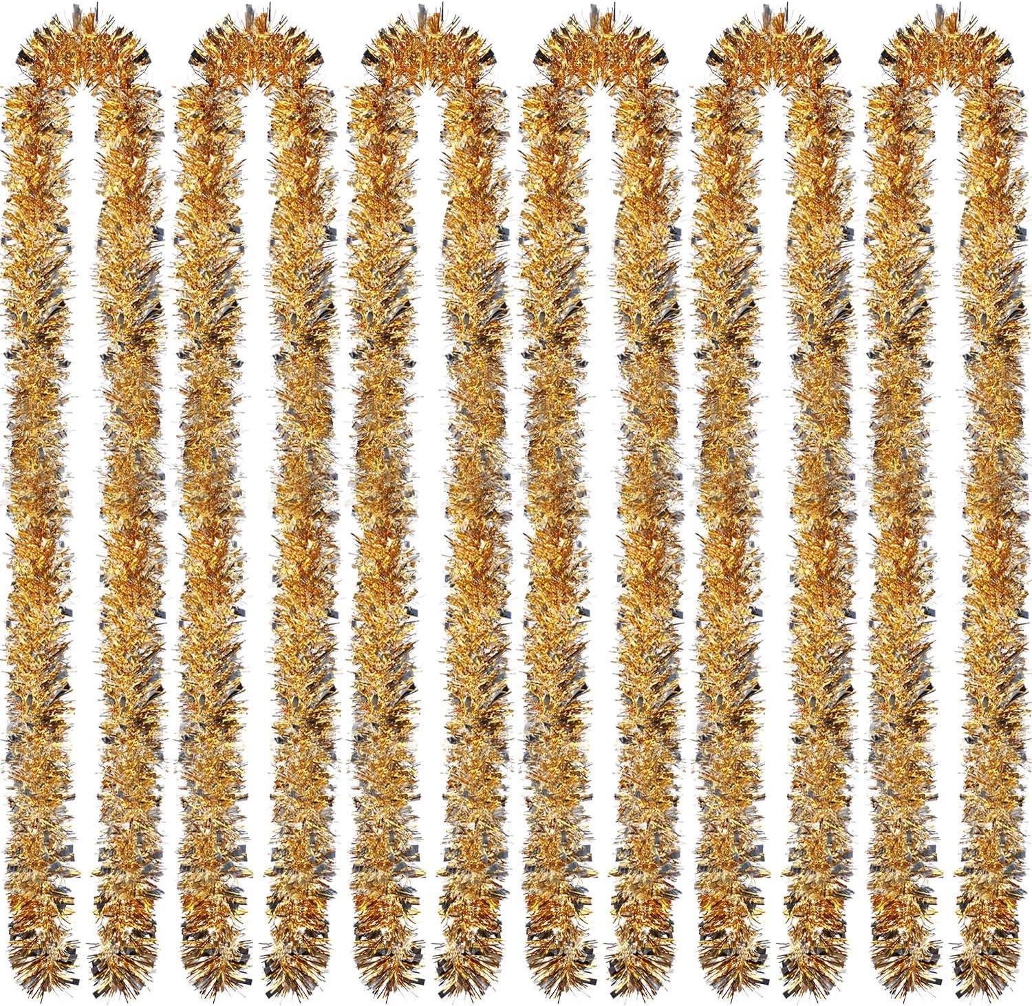 6-delige Kerstguirlande, 12m Metallic Guirlande, Glitterende Versiering voor Kerstboom, Krans en Feestdecoratie (Goud Zilver)