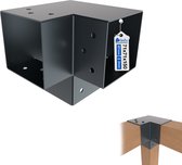 Zwarte metalen Y-vormige pergolaverbinder met label: 71x71x150mm, 7mm gaten en 2mm dikte.