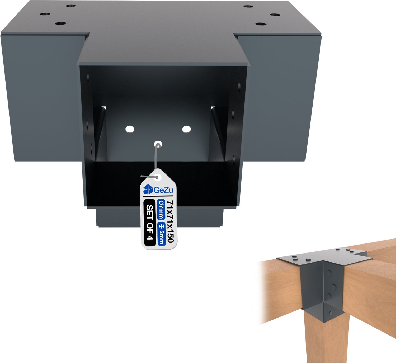 GeZu Impex Paalverbinder 71 x 71 mm | X set van 4 Gecoat Antraciet Poeder Pergola Paalverbinder Type-X 4-Weg