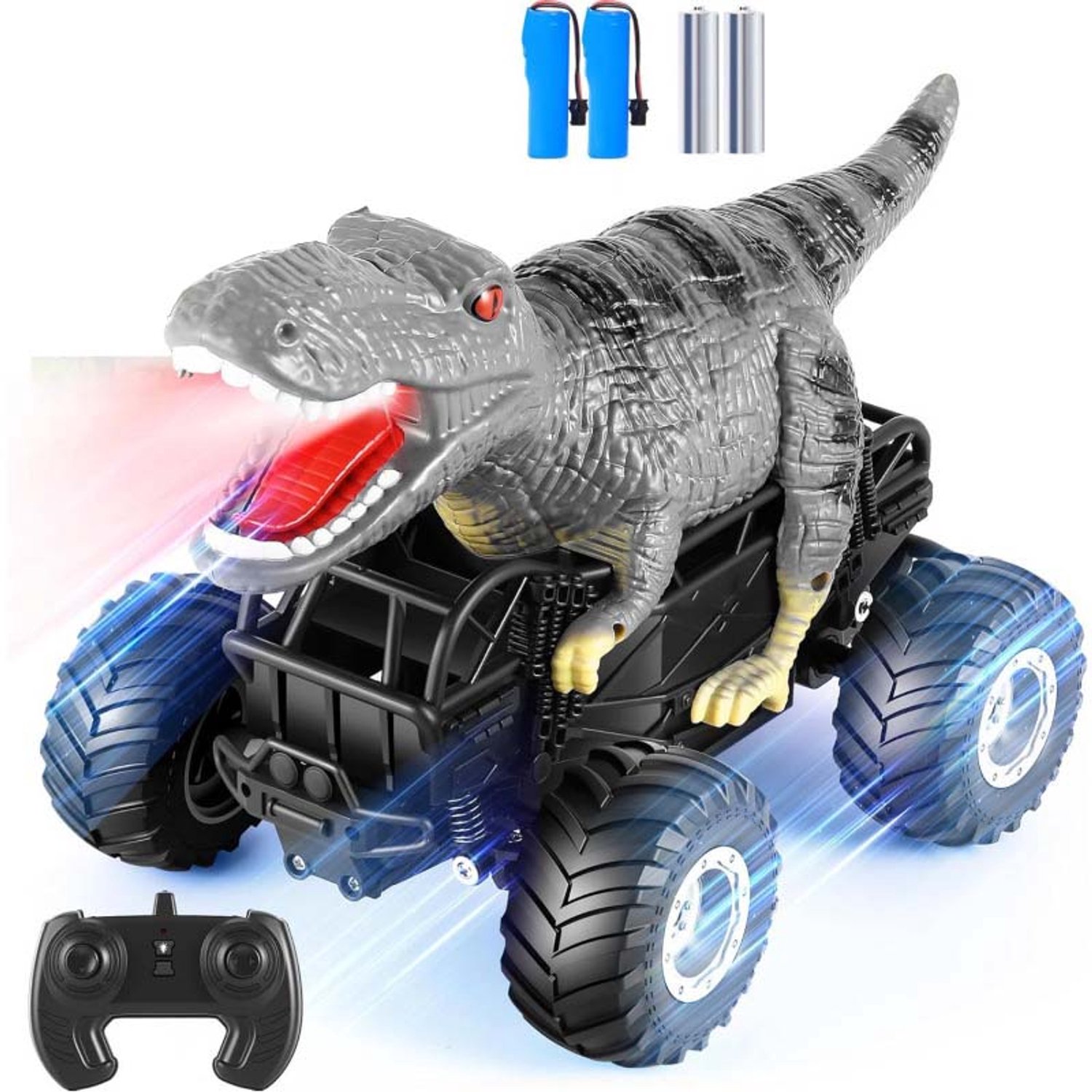 RC monstertruck met dinosaurusdesign – 2,4GHz, 1:18 schaal – Met verlichting, bereik tot 30 m & snelheid tot 8 km/u – Incl. 2 oplaadbare accu's – All-terrain – Voor kinderen van 4-7 jaar