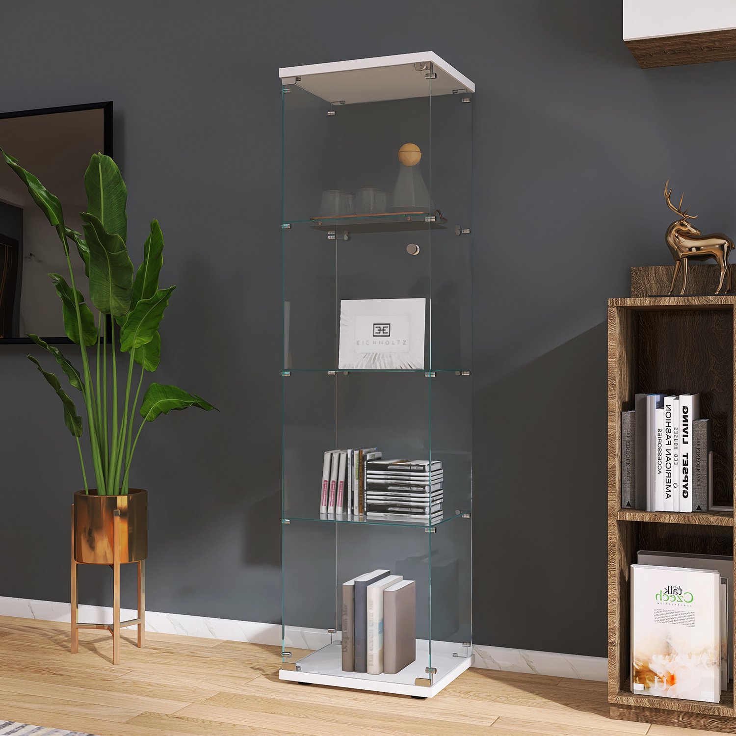 Yelenaro Glazen vitrinekast, Vitrinekast van glas met veiligheidsslot, 1 deur en 4 lagen, Gehard Glas, vitrines, collectiekast, staande glazenkast, 42.5x36.5x164cm, Wit