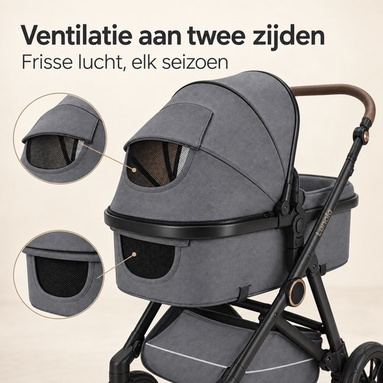 Lunola Noor Premium Kinderwagen 2 in 1 - Combi met Reiswieg en Omkeerbaar Zitje - Compact Inklapbaar - Wandelwagen voor 0 tot 3 Jaar - Grijs — afbeelding 4