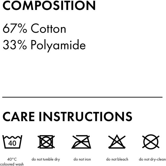 Samenstelling: 67% katoen, 33% polyamide. Wasinstructies: 40°C gekleurde was, niet in de droger, niet strijken, niet bleken, niet chemisch reinigen.