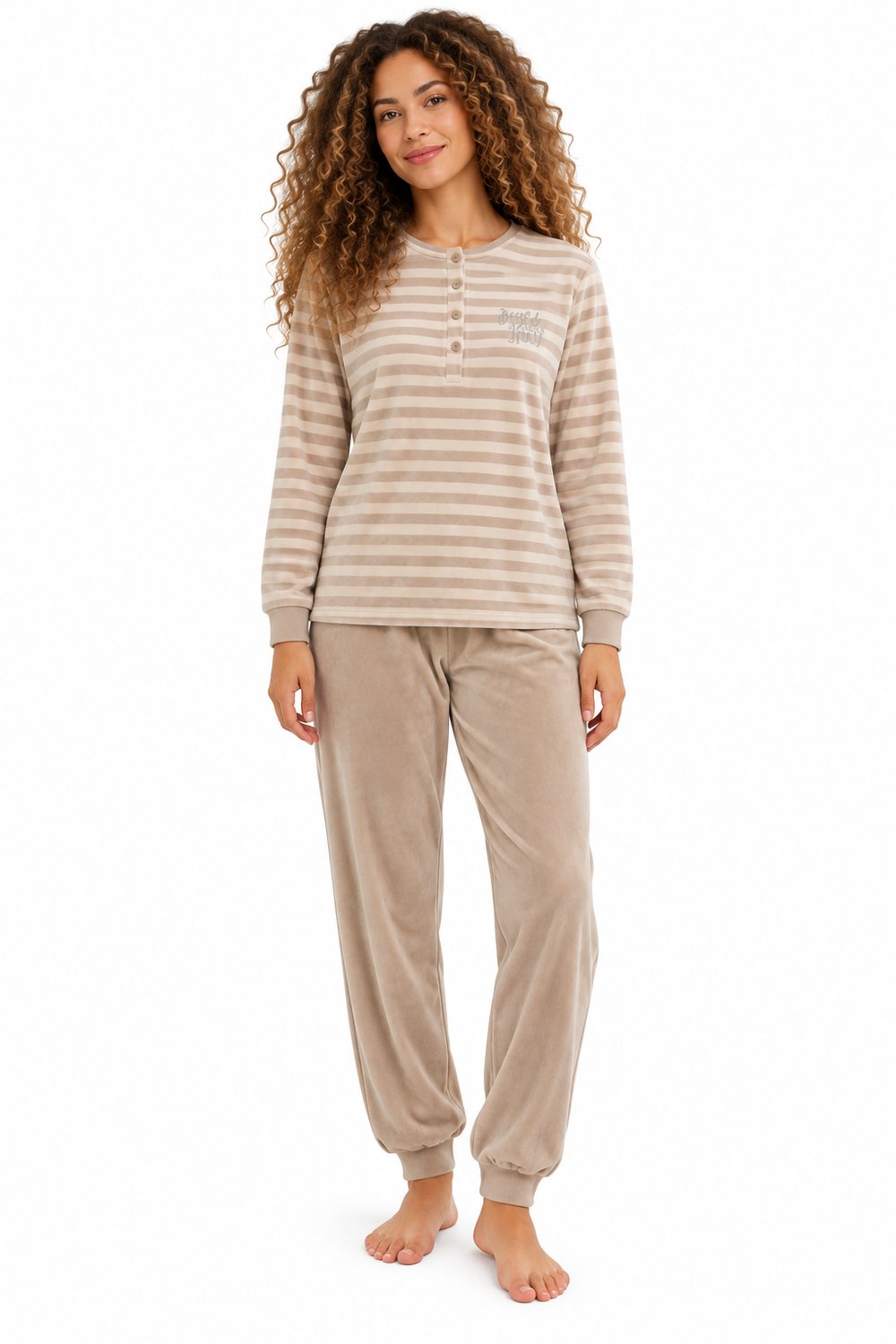 Cocodream - Dames Pyjama Velours - Winter - Beige Gestreept - Maat XL