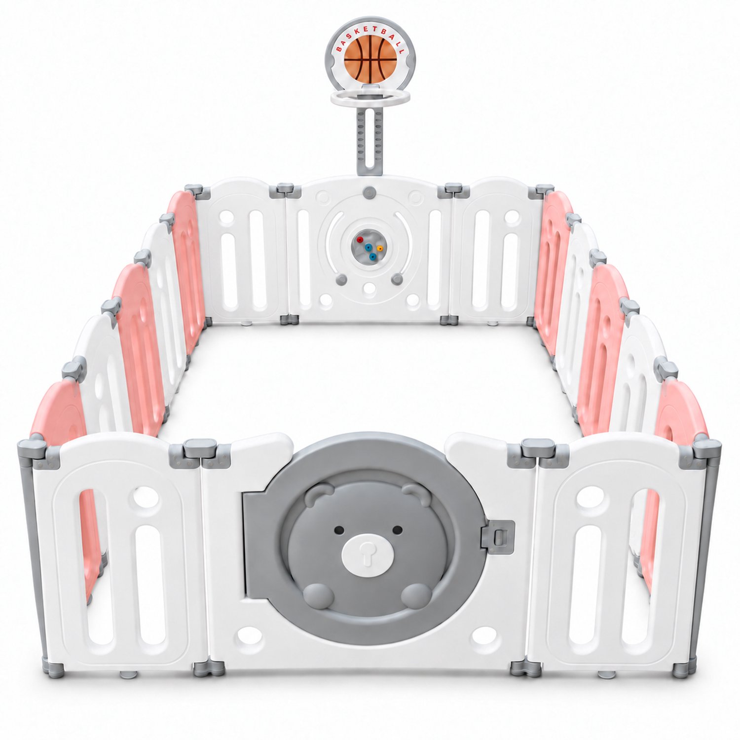 JustValue Grondbox - 134 x 167 cm - 14+2 Panelen - Speelhek met Deur, Speelpaneel en Basketbalring - Roze-wit