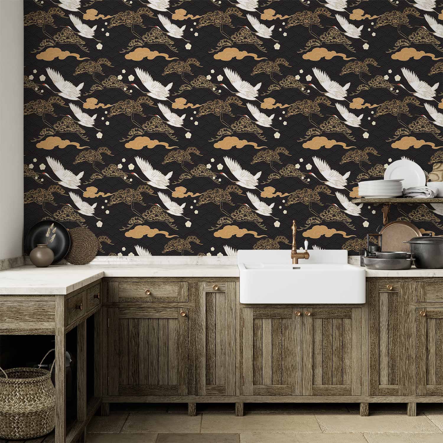 Behang - Oriental impressions - decorative pattern with a motif of flying cranes on a dark background