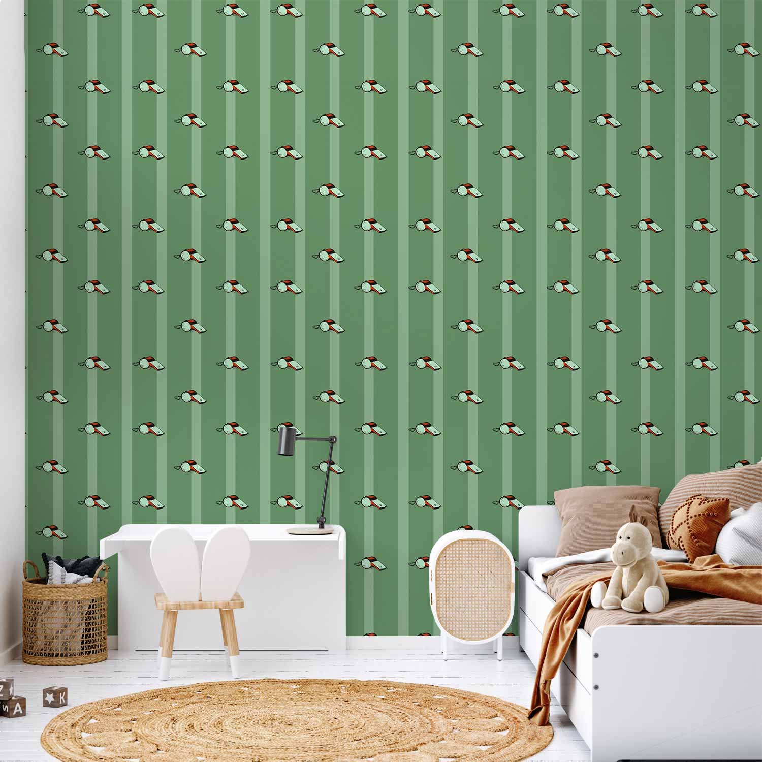 Behang - Sports Whistles - Repeating pattern on a striped green background.