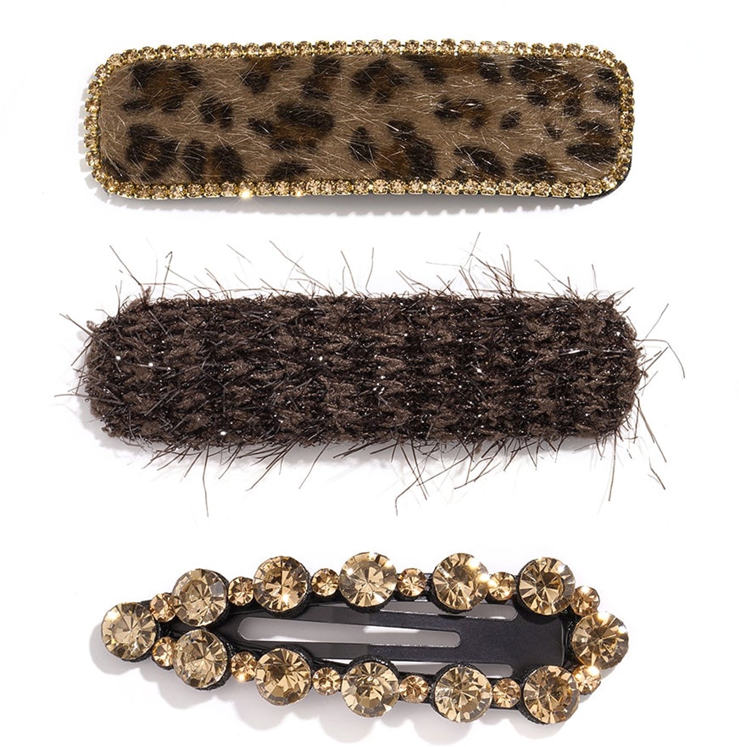 Set bestaande uit 3 haarclips met luipaard print en strass steentjes