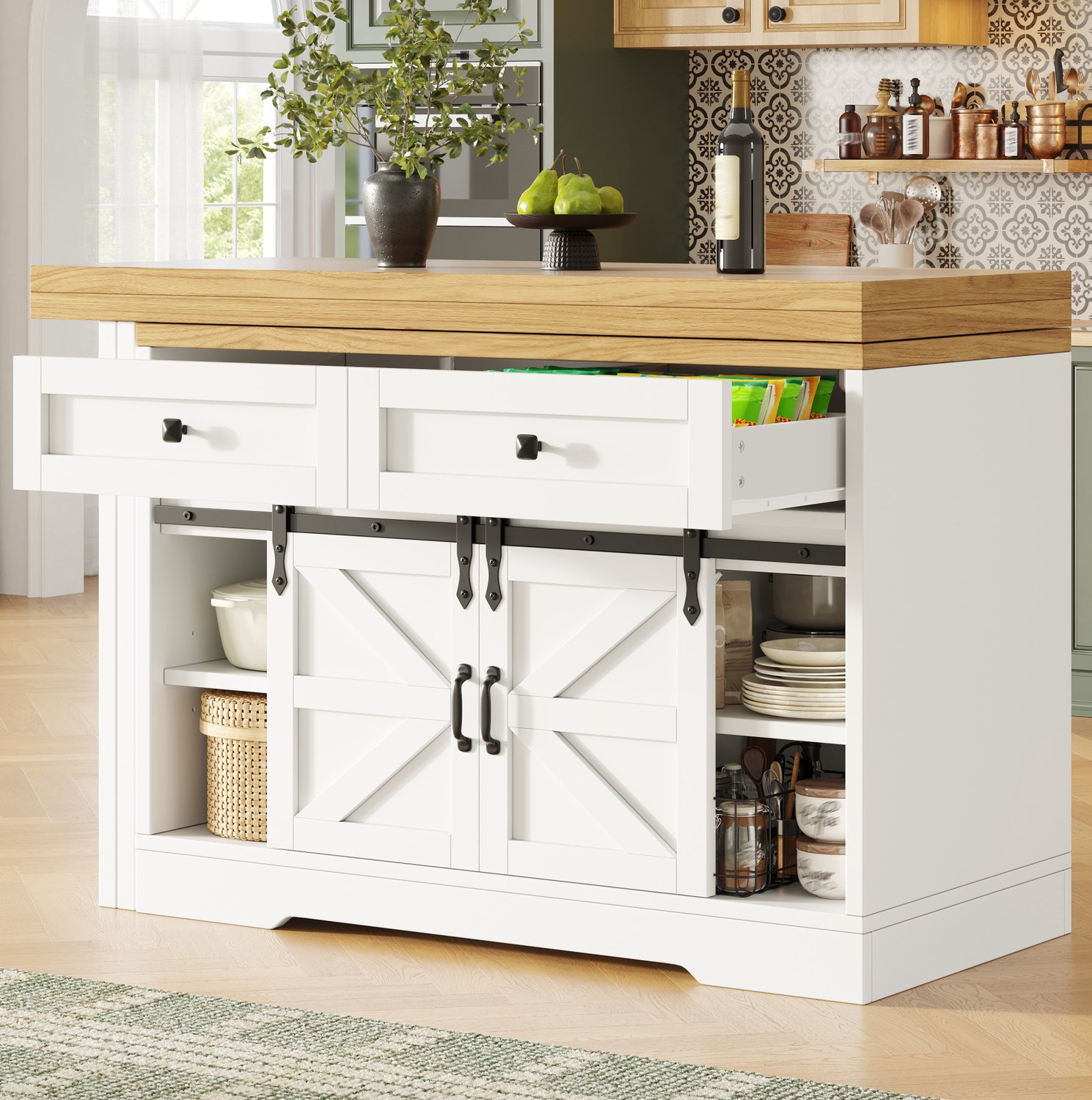 WUVRIE Uitschuifbare eettafel 120-197 cm - Keukeneiland met draaibare panelen - Wit
