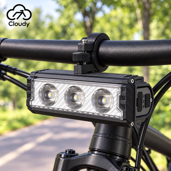 Cloudy - Fietslamp Voorlicht 2500 Lumen – 3 LED – USB-C Oplaadbaar – 3600mAh – 5 Lichtstanden – Batterijindicator – Wit/Geel Licht — afbeelding 5