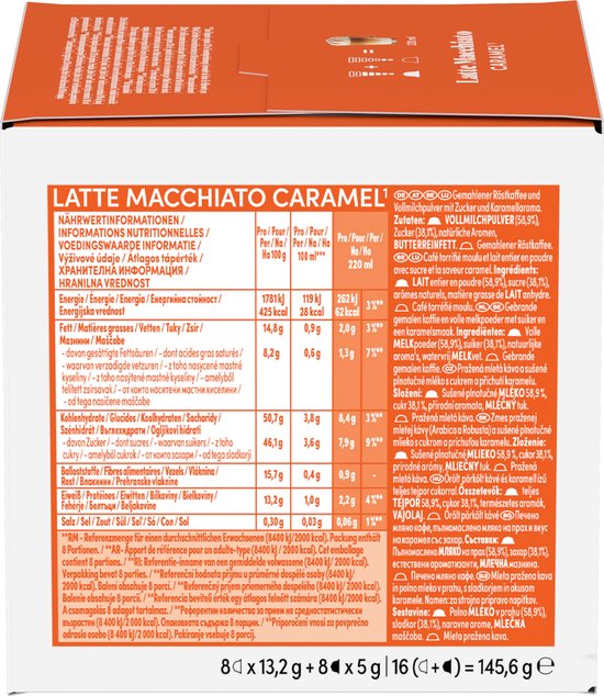 Zijkant van de verpakking met voedingswaarde-informatie en productdetails voor Nescafé Dolce Gusto Latte Macchiato Caramel.