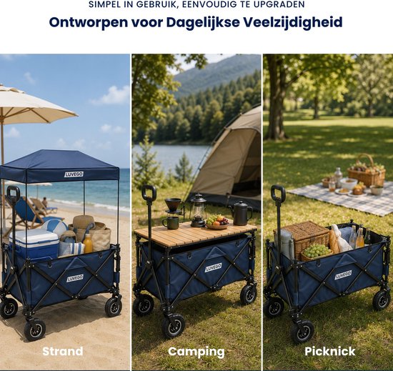 Luvego Bolderkar Opvouwbaar Met Tafel | 150 kg Draagkracht | 165 Liter | Bolderwagen | Met Remmen | Verstelbaar Handvat | Offroadwielen | 360° Wielen | Strand, Camping & Festival | Blauw — afbeelding 5