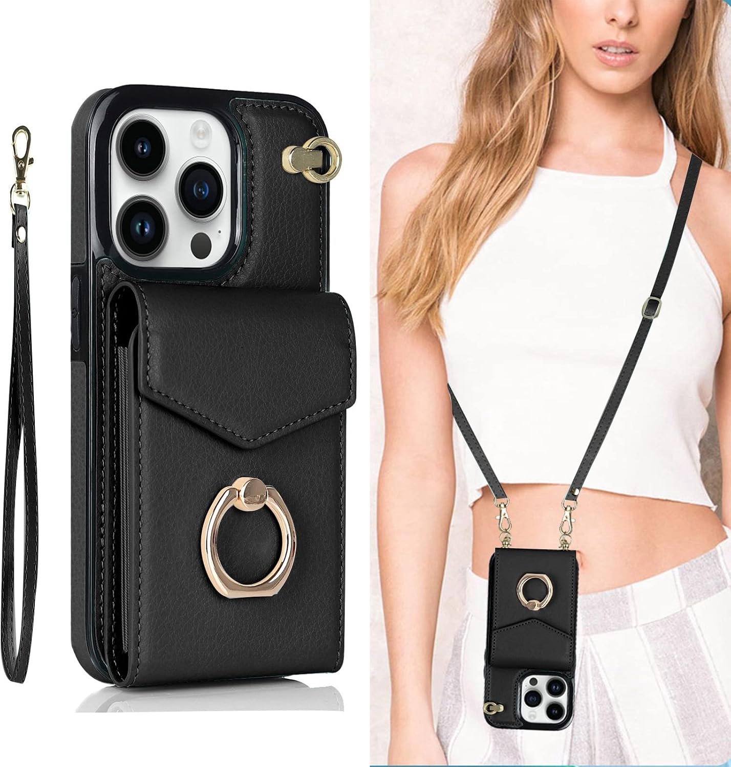 Telefoonhoes met koord voor Apple iPhone 16 Pro, portefeuille, hoes van PU-leer, met kaartenvak, portemonnee met 360 graden ringstandaard en draagband, klaphoes, magneetsluiting, zwart