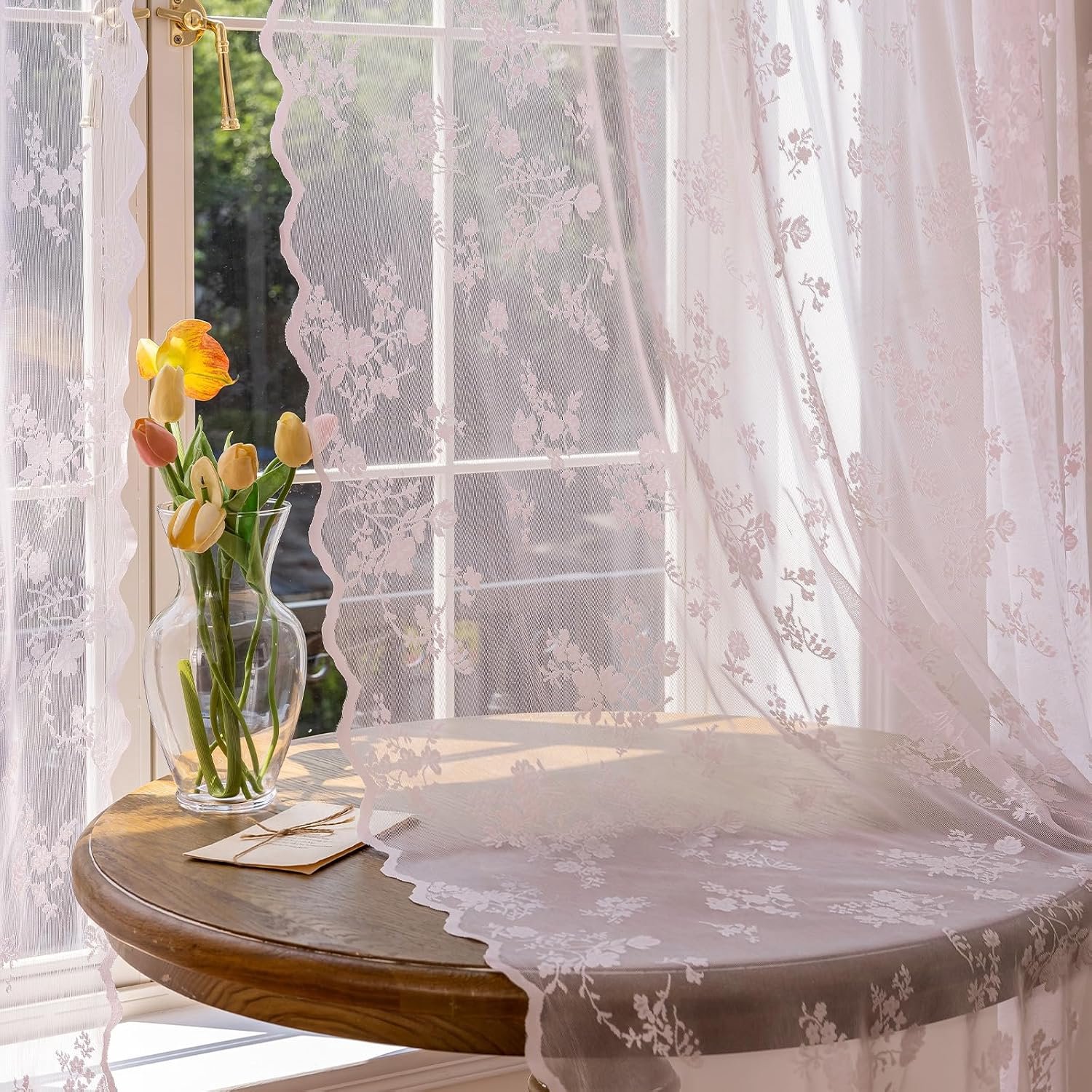 Bloemen Lichtroze 140 x 260 cm Halftransparant Set van 2