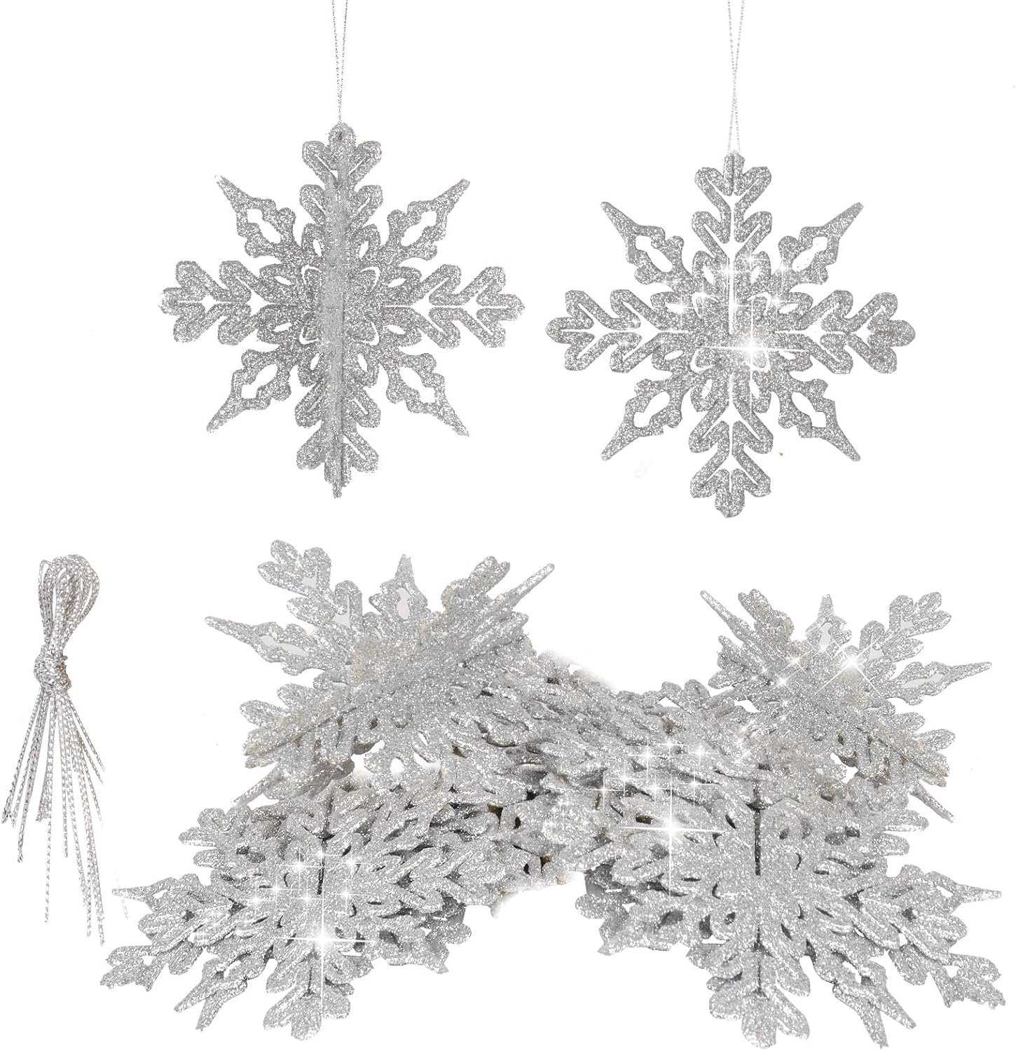 20 stuks 3D glitter sneeuwvlok ornamenten, 4 inch kunststof hangend kunsthandwerk (zilver 20)