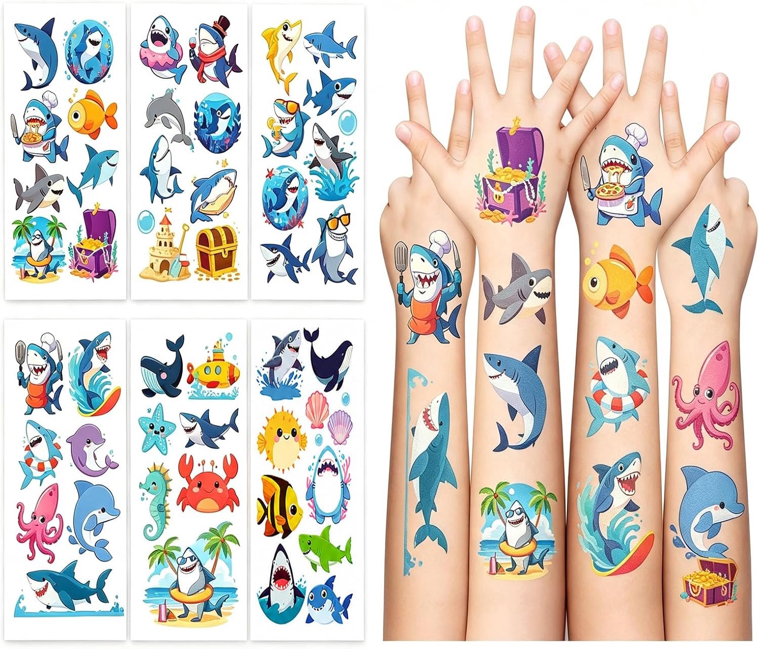 Tatoeage Sticker Waterdicht Zweet Kinderen 10 Vellen Schattige Haai Tatoeage Oceaan Dieren Tijdelijke Tatoeages Waterdicht Cartoon Oceanenfeest Leuke Stickers Schattig Zeedier Cadea