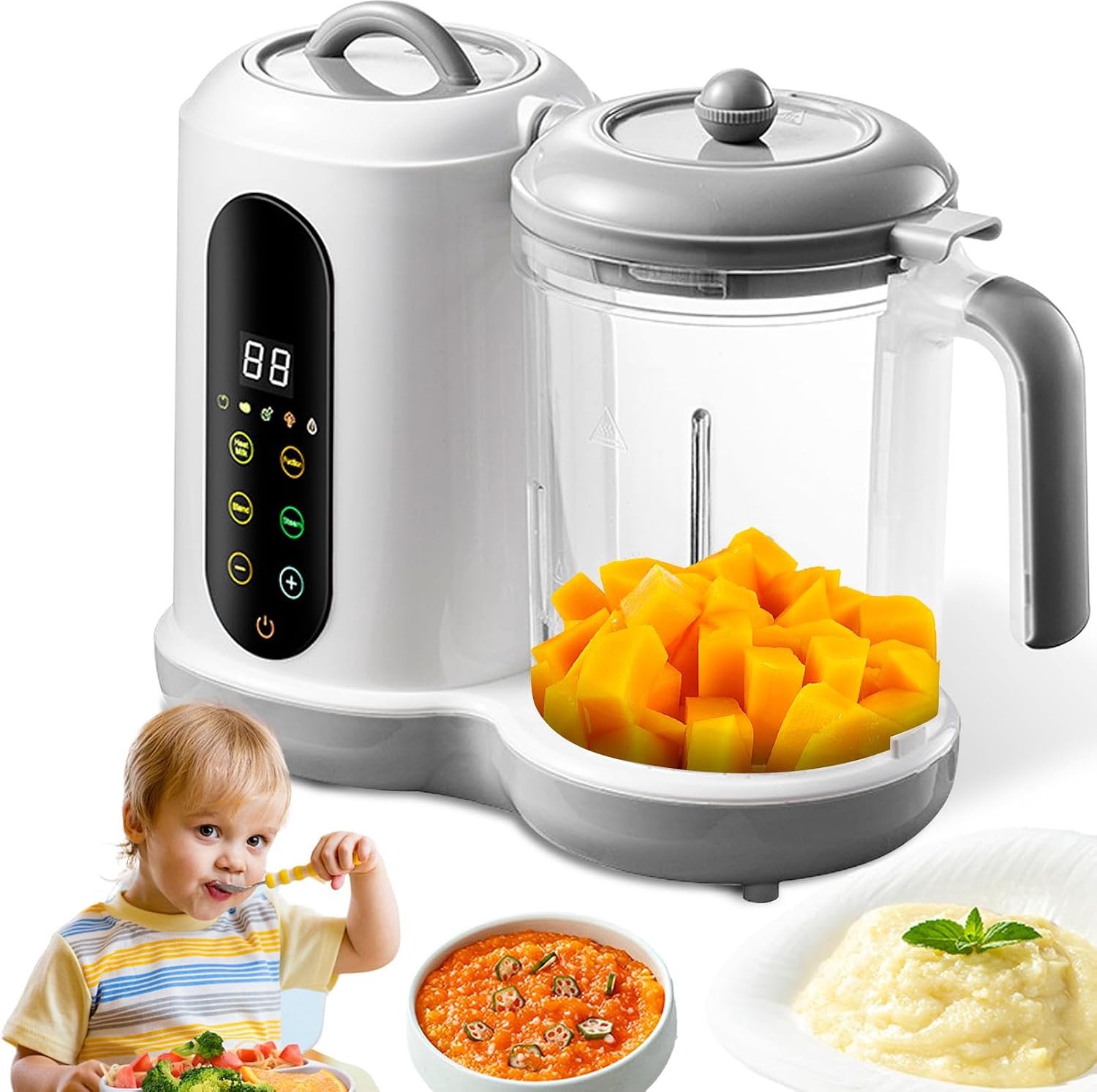 Multifunctionele babypap, babyvoedselmaker met stoomkoker en mixer, 4 kookvoorinstellingen, zelfreinigend