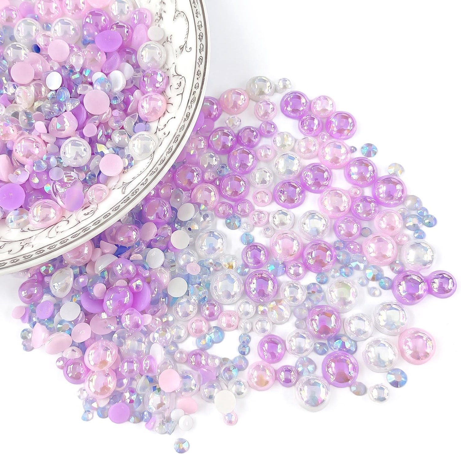 30g Platte Parels, gemengde paarse strassstenen witte edelstenen, 3mm-10mm, voor knutselen, nagelkunst, sieraden, kleding