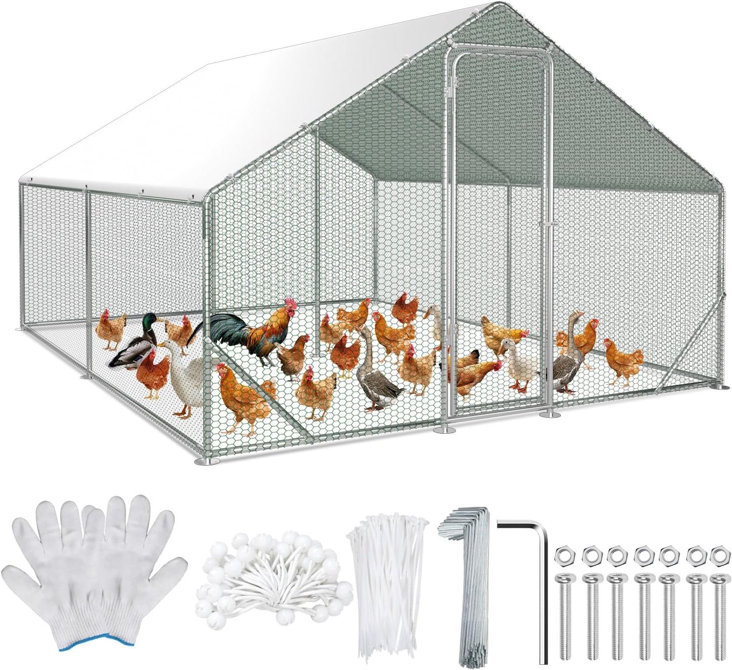 Buitenren 3 x 4 x 2 m, verzinkt staal, kippenhok met deur en grendel, voor kippen, konijnen, ganzen, duiven en kwartels, metalen ren met net