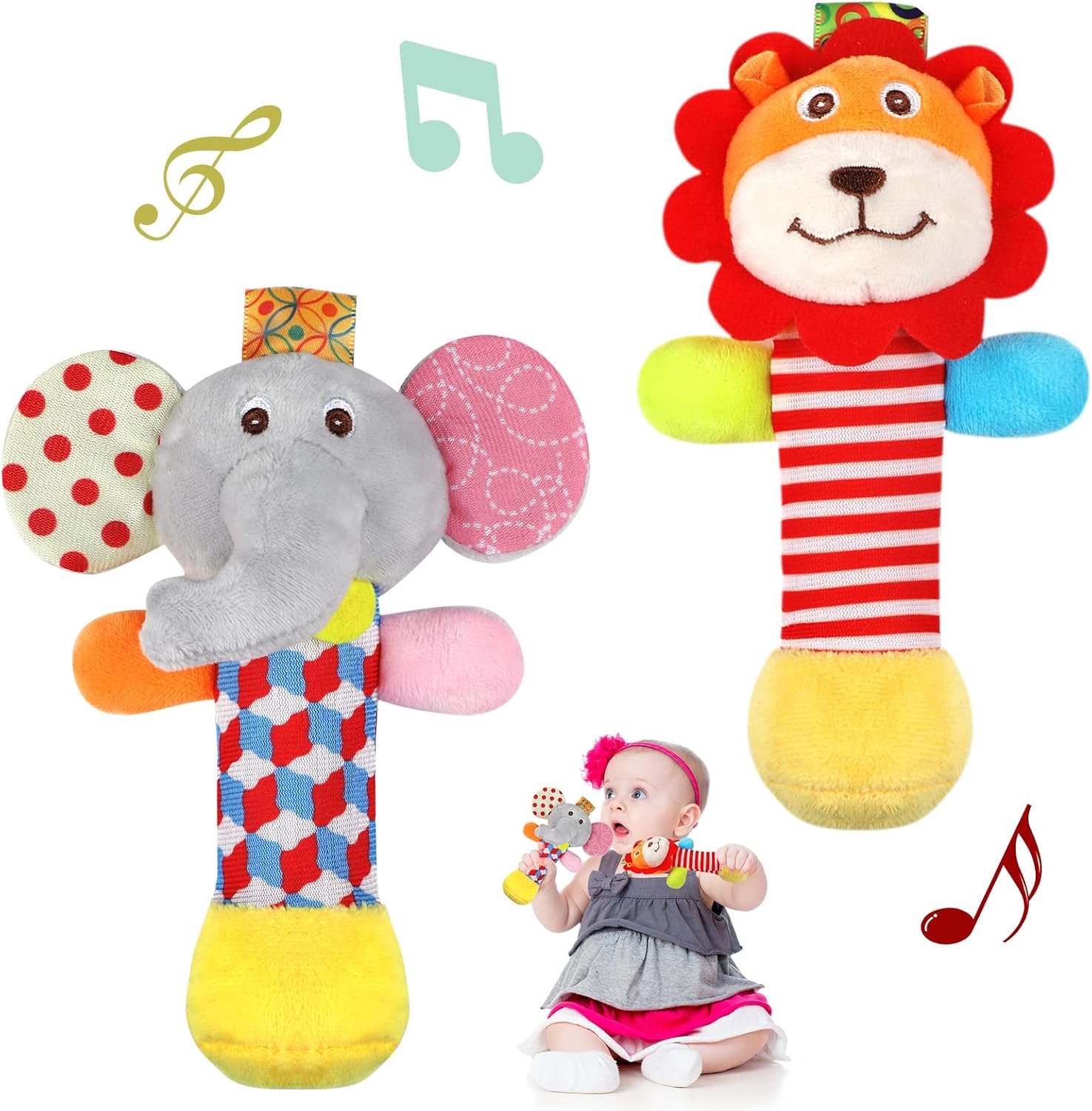 Zachte rammelaars voor baby's – 2 stuks – Pluche dierenrammelaars – Geschikt voor 0–6 maanden – Sensorisch speelgoed met geluid
