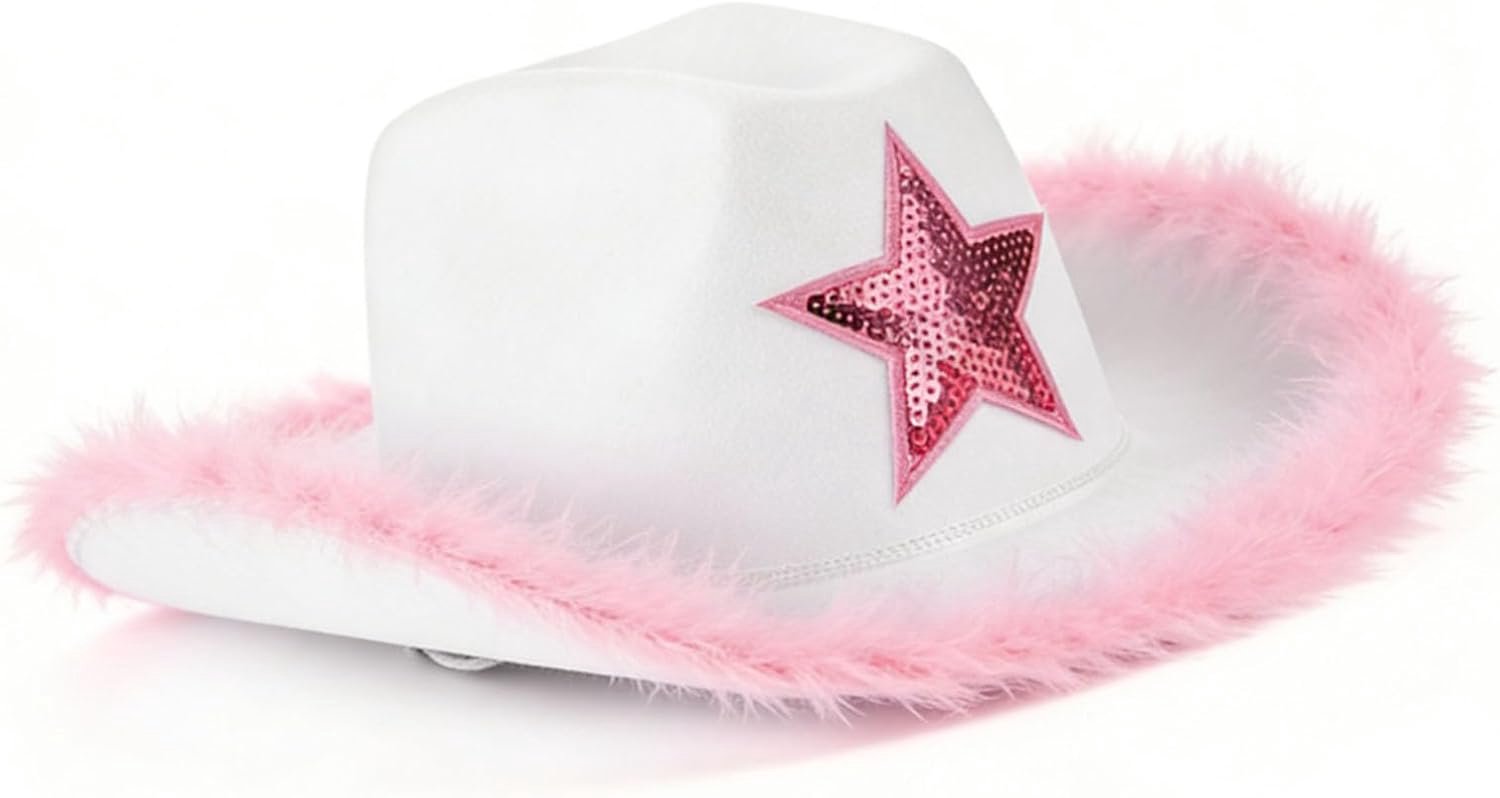 Cowboyhoed met paillettenster, western-cowboyhoed, cowgirlhoed voor dames, met ademend vilt voor kostuumfeesten, outdoor-reizen, fotoshoots (zachte pluche randen)