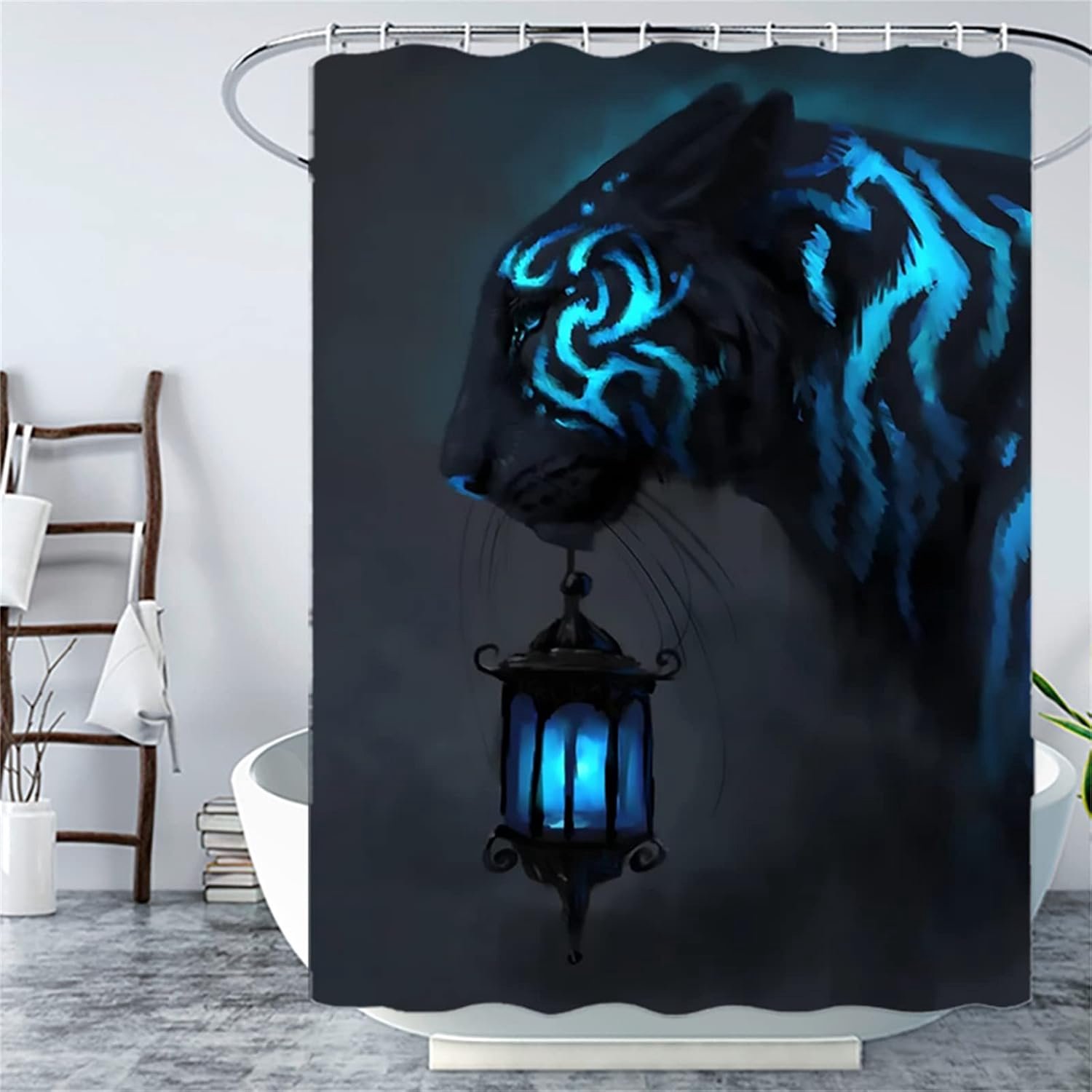 Blauwe tijger, douchegordijn, hotelkwaliteit, zware belasting, waterafstotend, wasbaar, verzwaarde zoom, onderhoudsvriendelijk, badgordijn met 12 plastic doucheringen, 100 x 200 cm