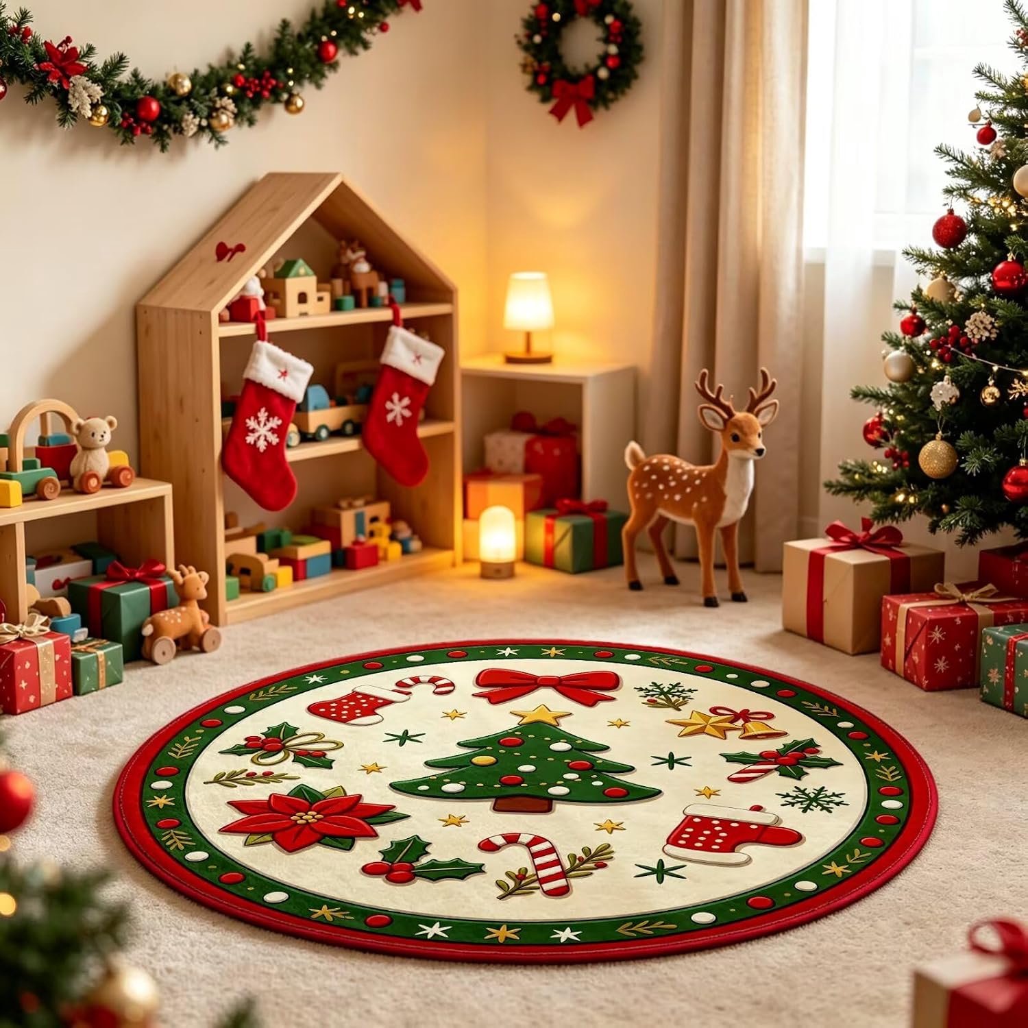 Tapijt - Badmat - Ronde Wasbare Deurmat - Antislip - Kerstversiering voor Entree, Keuken en Badkamer - 1 stuk - 80x80 cm - Stijl B