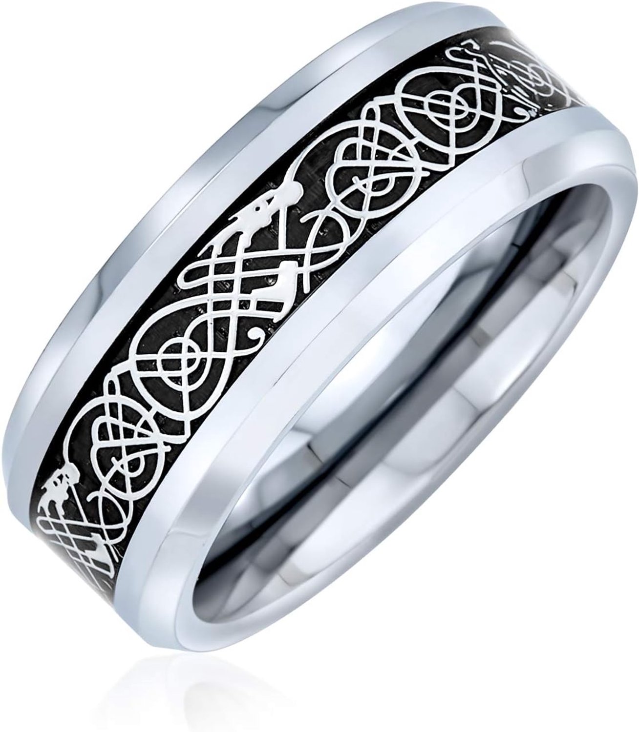 Two Tone Keltische Knoop Draak Koolstofvezel Inlay Koppels Zilver Goud Tonen Titanium Trouwring Ringen Voor Mannen Voor Vrouwen Comfort Fit 8 MM Breed In Blauw Zwart Gouden Kleuren