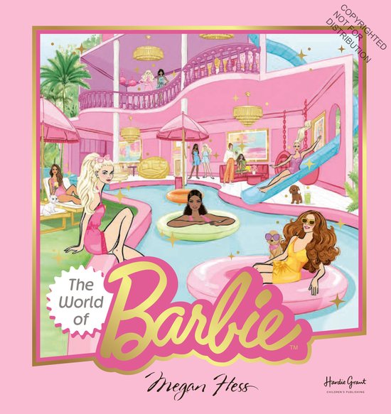 Cover van 'The World of Barbie' door Megan Hess. Barbie's wereld in pastelroze met zwembaden, glijbanen en Barbies.