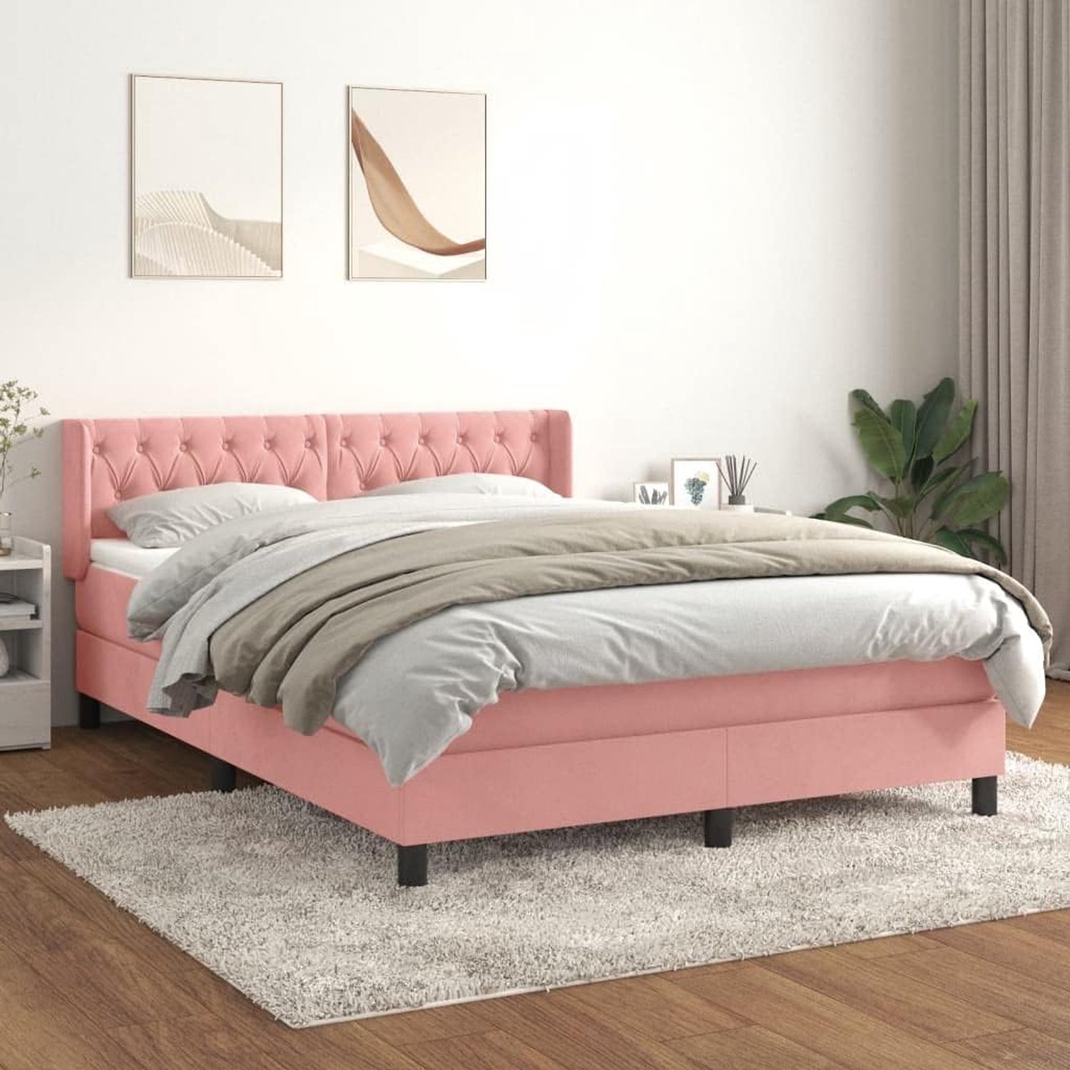 Boxspring met matras fluweel roze 140x190 cm Zachte stoffen bed met verstelbaar hoofdbord Pocketvering matras voor rugslapers en buikslapers Luxe fluwelen bedframe met huidvriendelijke topmatras