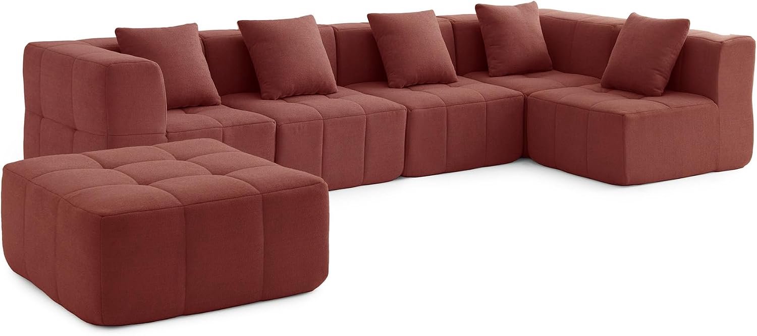 Hoekbank, 5-zits met chaise longue, bouclé-stof, afneembare kussenhoezen (Terracottarood, 5-zits)