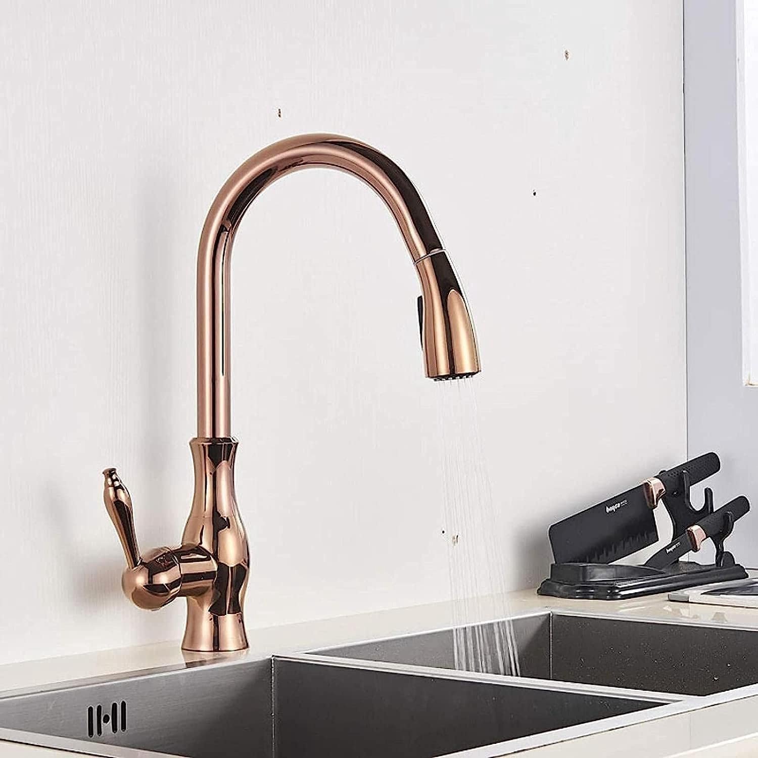 Gold Keukenkranen Trek Aanrecht Mengkraan Eengreeps Water Mengkraan Kraan voor Keuken 360 Rotatie Mixer (Kleur: Rose Goud) wisdom