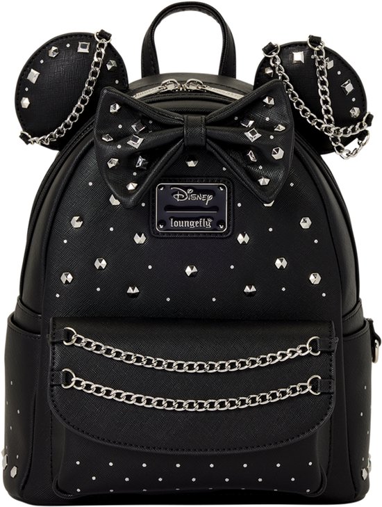 Zwarte Disney Loungefly mini-rugzak met studs, dubbele zilveren kettingen en Minnie Mouse-oren.