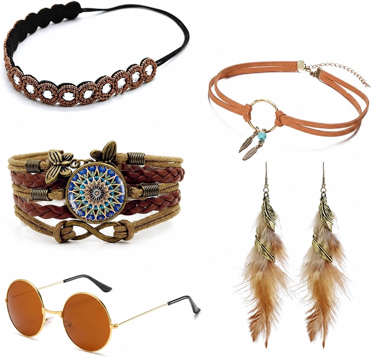 Kostuumset 6-delig - Retro 70's Stijl, Inclusief Zonnebril, Oorbellen, Ketting, Armband en Haarband - Perfect voor Feestjes en Themapartijen