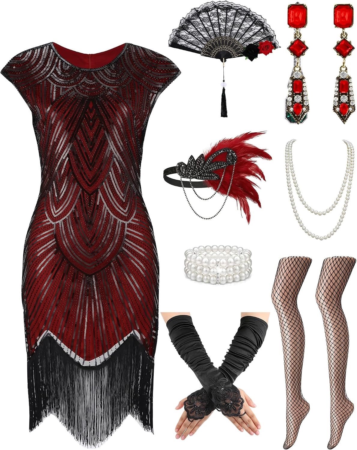 Charleston-jurk - Rood - - Jaren 20 Dress met Accessoires - Voor Dames