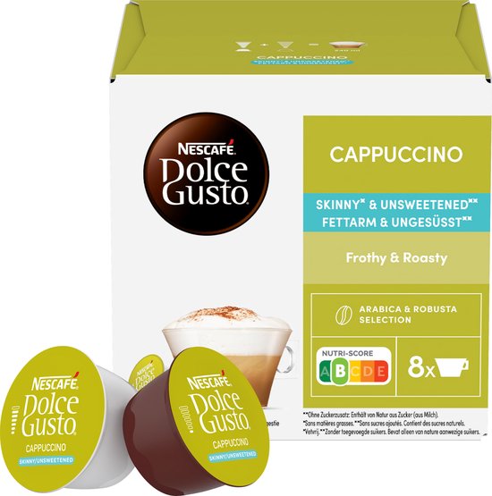 Nescafé Dolce Gusto Cappuccino Skinny & Unsweetened verpakking met een lichte en donkere capsule vooraan.