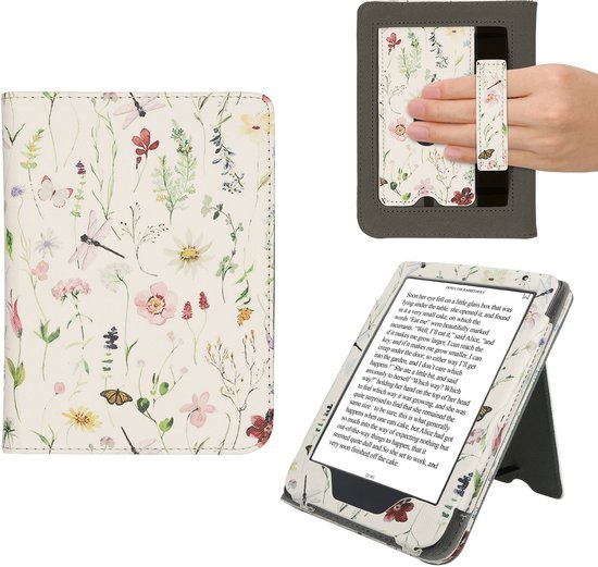 kwmobile e-reader hoesje geschikt voor Kobo Clara BW / Colour hoes - E reader flip case van kunstleer - Ereader cover met stand - Daisy-varens design in wit / geel / groen — afbeelding 2