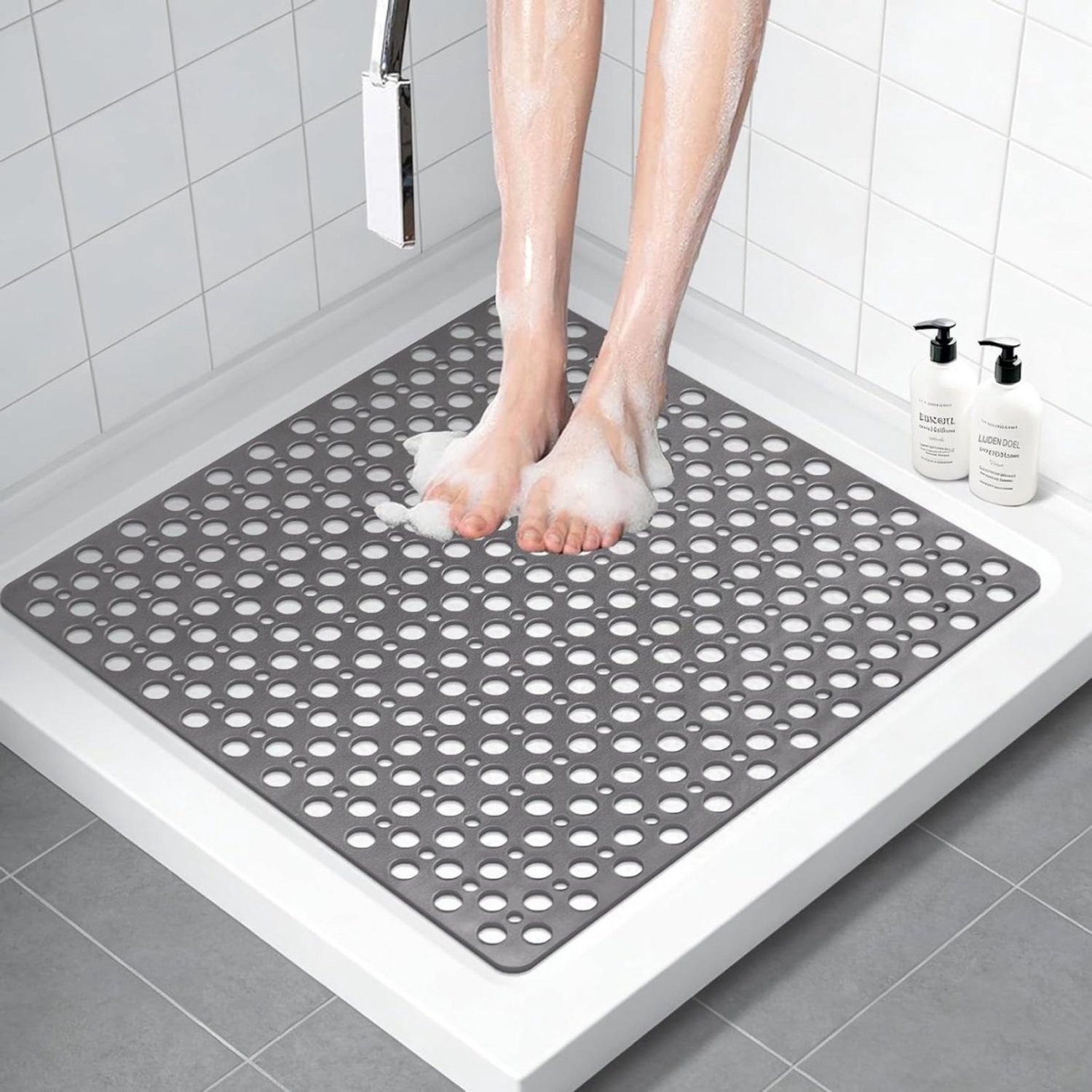 SSTRWGOOD Antislip douchemat - 70x70cm - Grote, zachte TPE antislip douchemat - met zuignappen en grote afvoergaten - BPA-vrij - schimmelwerend en machinewasbaar