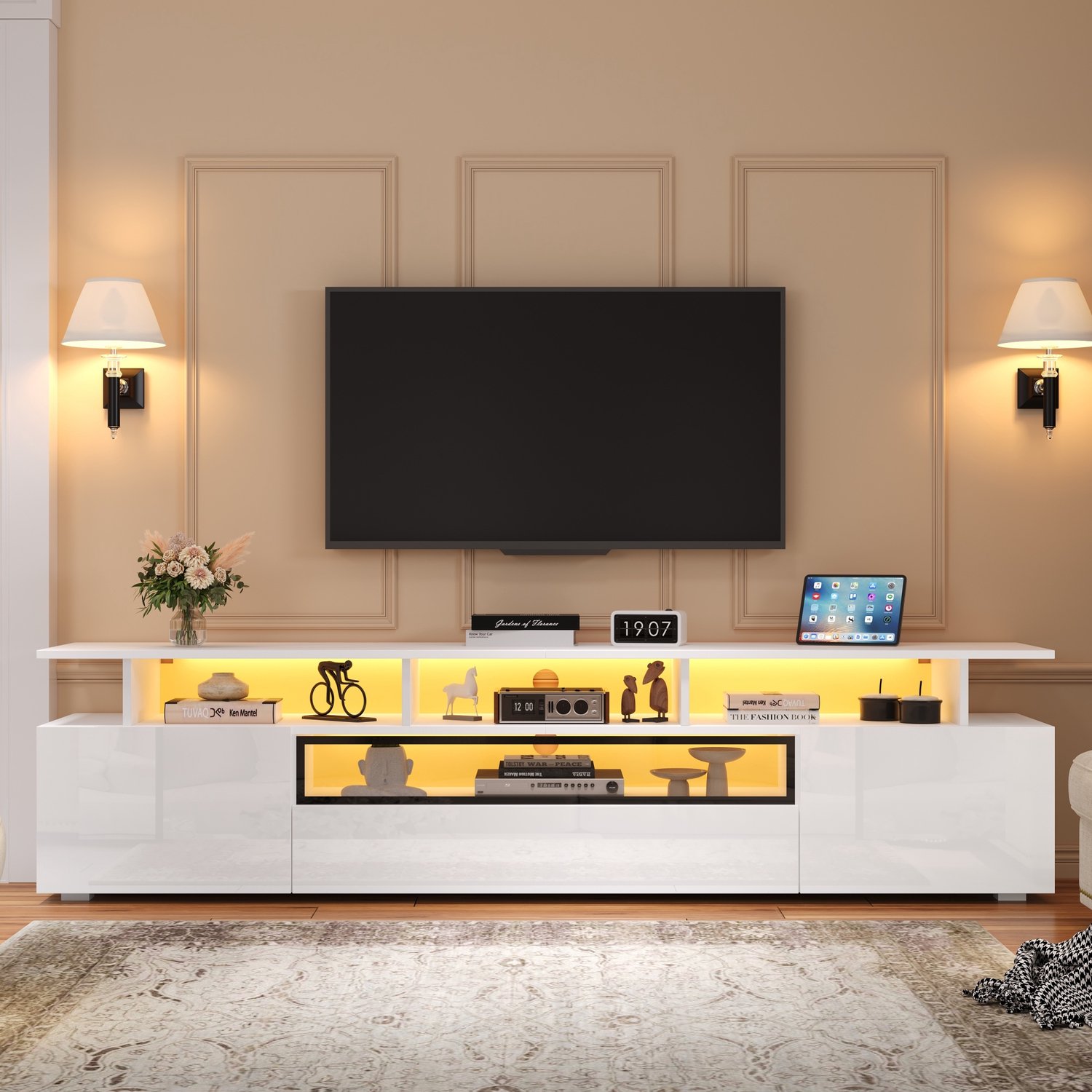 Rolipo TV-meubel 180 cm voor 75 inch TV - Hoogglans TV-kast met LED verlichting en appbediening - 2 kastjes en 1 lade- wit