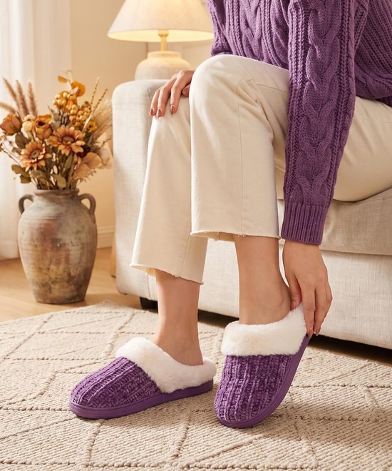 Homaxy - Dames slippers – Warme slippers – Comfortabele katoenen slippers – Pluche Slippers met Traagschuim en Zachte Voering - Lichtgewicht Antislip Pantoffels met Gesloten Teen - Paars - 40-41 - Geschikt voor voetlengte van - 24,8 cm