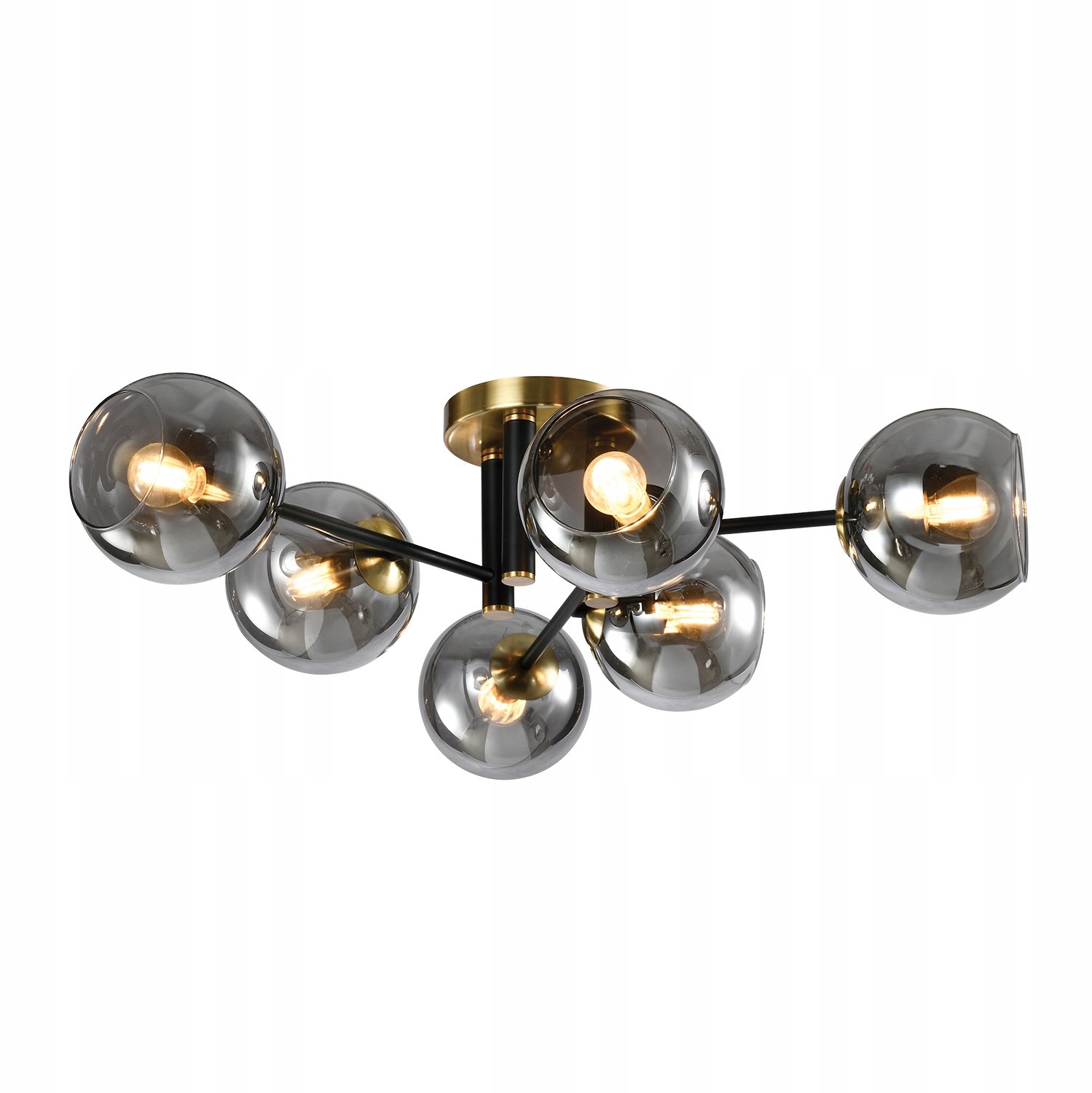Elegante Plafondlamp met 6 Grijze Glazen Kappen, Zwart/Goud, E14
