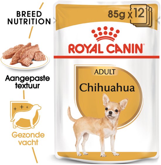 Pouch Royal Canin Chihuahua Adult met een Chihuahua en afgebeelde paté. 85g x 12.