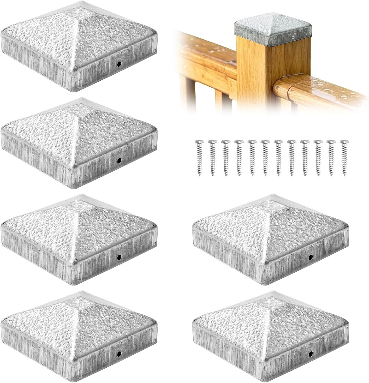 Set van 6 Piramidevormige Fence Caps van Gegalvaniseerd Staal 91 x 91 mm voor Houten Palen, Weerbestendige Beschermkap voor Tuin en Schutting
