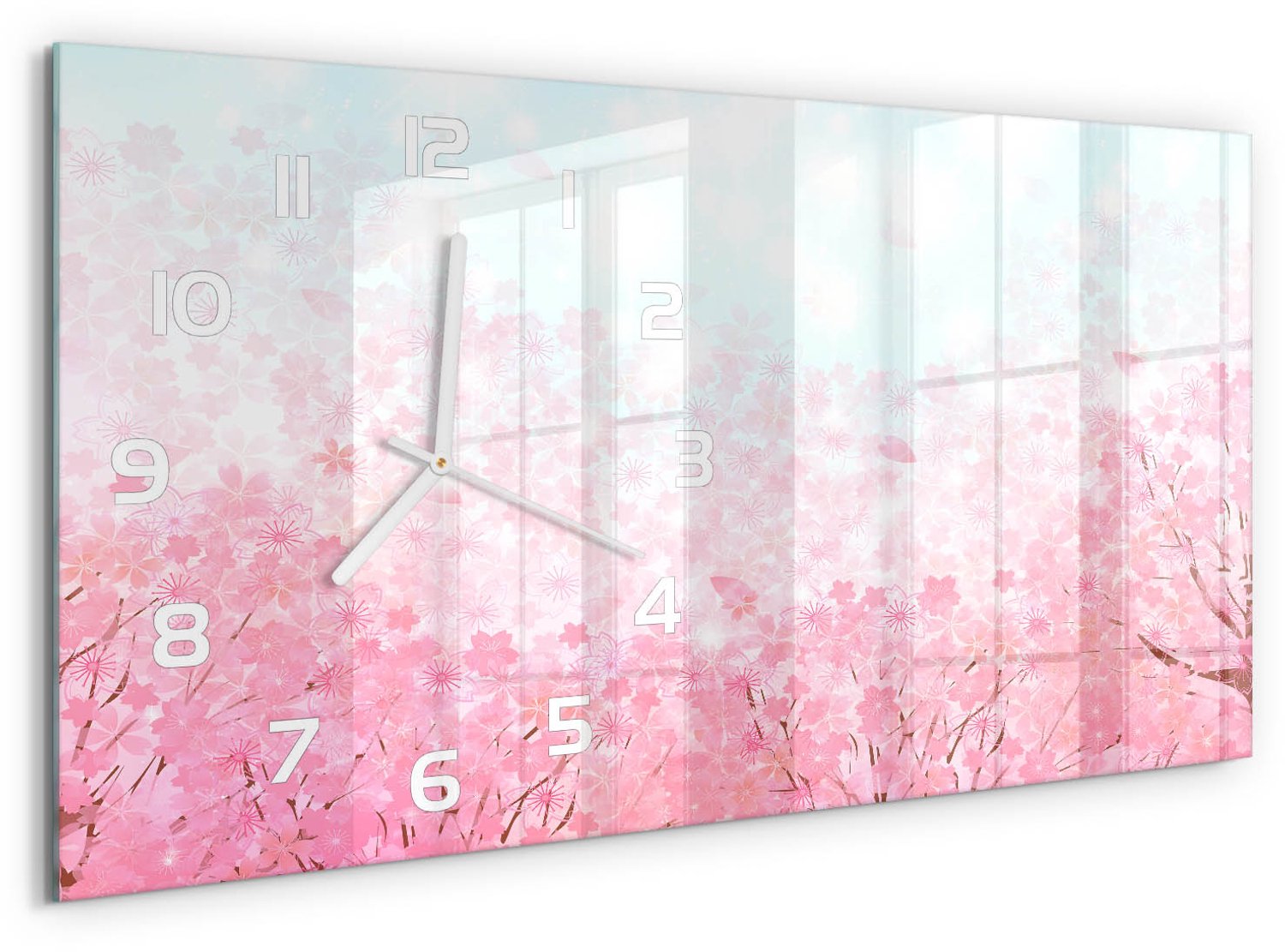 TULUP Wandklok - Kersenbloesem Wandklok Glas Decoratie - 60x30 cm - Roze Gekleurde Glazen Klok - Witte handen - Rechthoekige Klok - Klok Glas Met Opdruk - Moderne Wandklok Glas