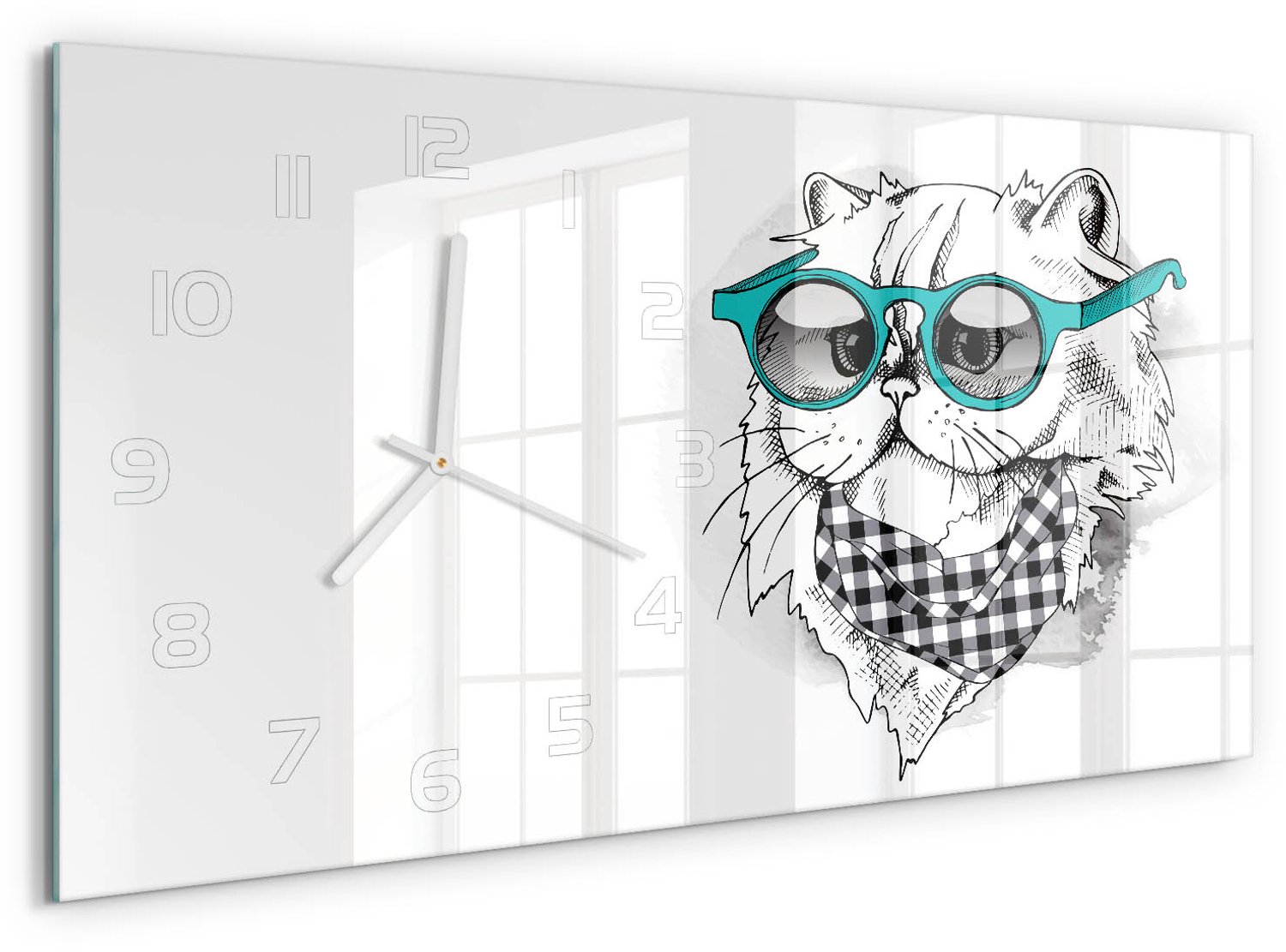 TULUP Wandklok - Kat met bril Moderne Wandklok Glas - 60x30 cm - Blauw Wandklok Glas Decoratie - Witte handen - Rechthoekige Klok - Glazen Wandklok Design - Klok Glas Met Opdruk